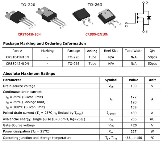 華潤微CRSS042N10N參數|變頻器,鋰電池保護板專用-KIA MOS管