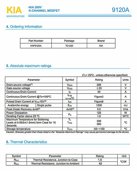 MOS管，KIA9120A，200V40A資料