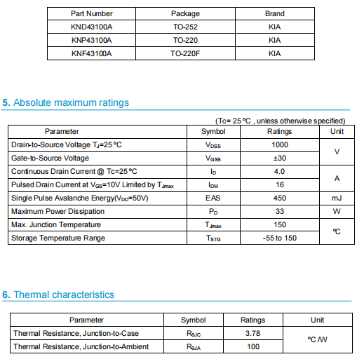 4A 1000V場效應管 43100A