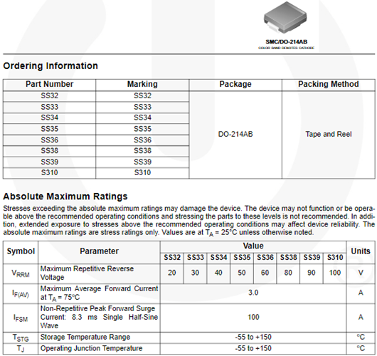 ss34二極管參數封裝圖